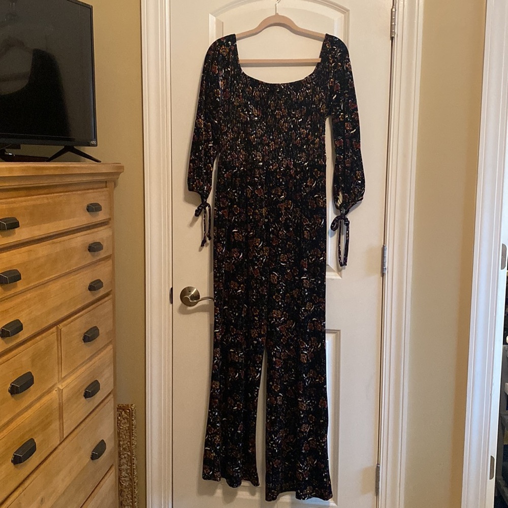 Velvet black floral fall jumpsuit. Love to be spoiled brand.